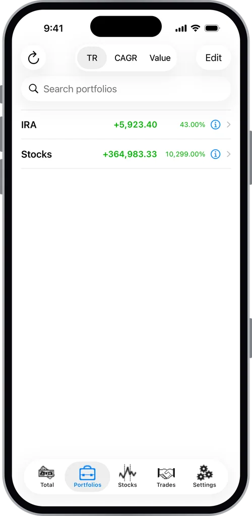 Portfolios tab listing an IRA and a Stocks portfolio with their total returns