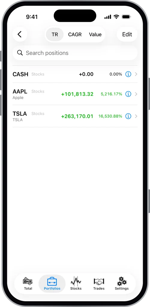 Positions in a portfolio, showing cash, Apple and Tesla with their total returns
